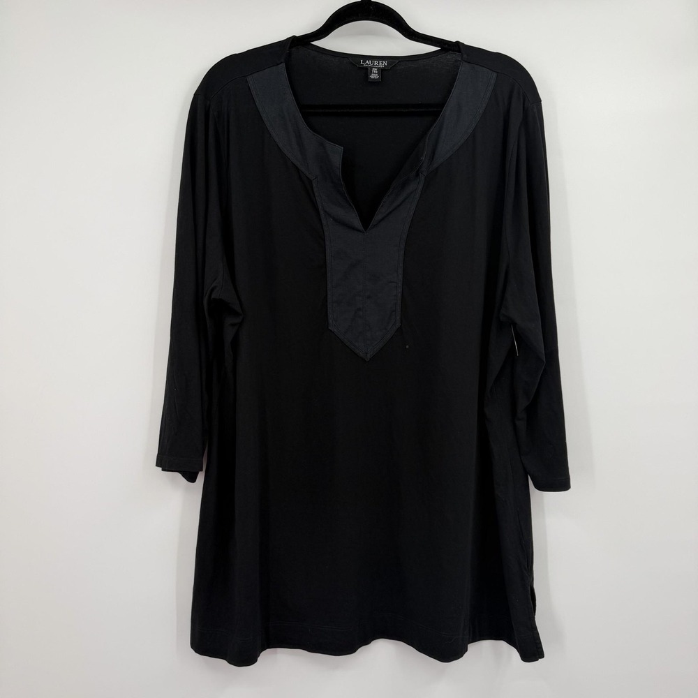 Lauren Ralph Lauren Tunic Womens 2X Black V-Neck 3/4 Sleeve Jersey Relaxed